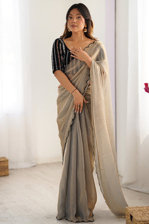 Beige And Black Chiffon Silk Contrast Thead Aarco Border Sequins Work Saree With Blouse Piece