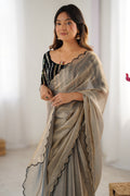 Beige And Black Chiffon Silk Contrast Thead Aarco Border Sequins Work Saree With Blouse Piece