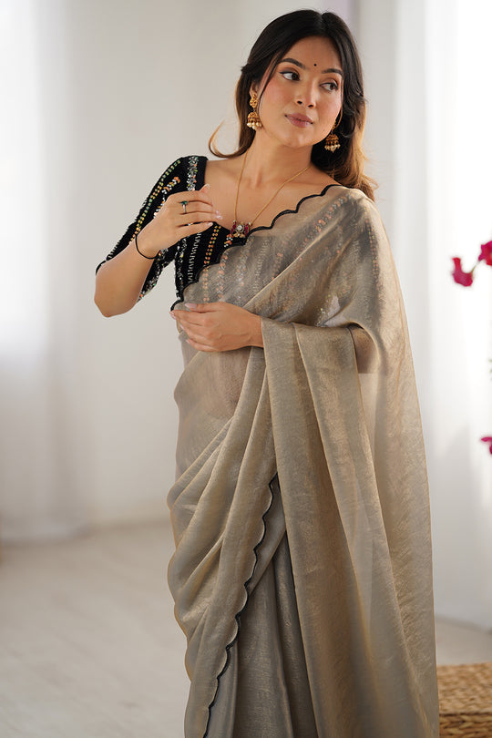 Beige And Black Chiffon Silk Contrast Thead Aarco Border Sequins Work Saree With Blouse Piece