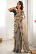Beige And Black Chiffon Silk Contrast Thead Aarco Border Sequins Work Saree With Blouse Piece
