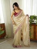 Chiku Jimmy Chu Sequins And Zari Embroidery Work Paired With Cording Sequins Lace Border Saree With Blouse Piece