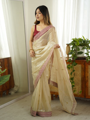 Chiku Jimmy Chu Sequins And Zari Embroidery Work Paired With Cording Sequins Lace Border Saree With Blouse Piece