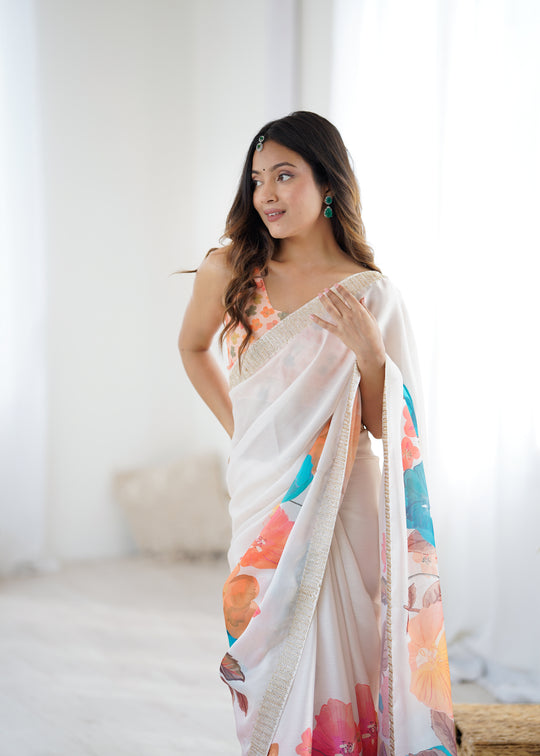 Multi Colour Sattin Chiffon With Hand Print Daimond And Cutdana Work Saree With Blouse Piece