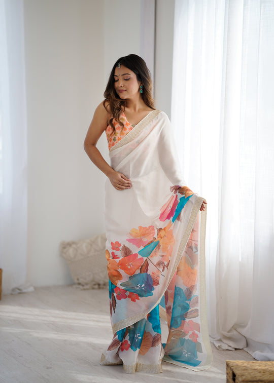 Multi Colour Sattin Chiffon With Hand Print Daimond And Cutdana Work Saree With Blouse Piece