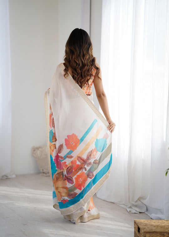 Multi Colour Sattin Chiffon With Hand Print Daimond And Cutdana Work Saree With Blouse Piece