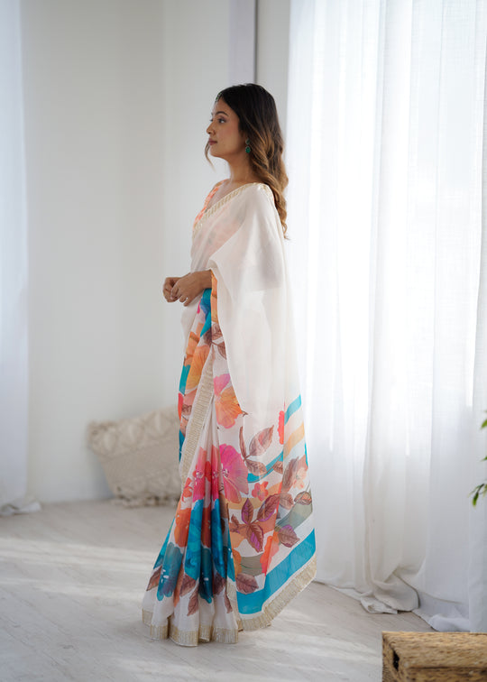 Multi Colour Sattin Chiffon With Hand Print Daimond And Cutdana Work Saree With Blouse Piece