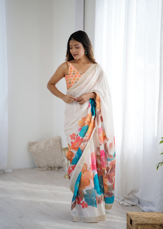 Multi Colour Sattin Chiffon With Hand Print Daimond And Cutdana Work Saree With Blouse Piece