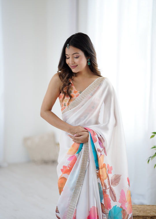 Multi Colour Sattin Chiffon With Hand Print Daimond And Cutdana Work Saree With Blouse Piece