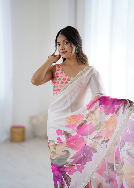 Multi Colour Sattin Chiffon With Hand Print Daimond And Cutdana Work Saree With Blouse Piece