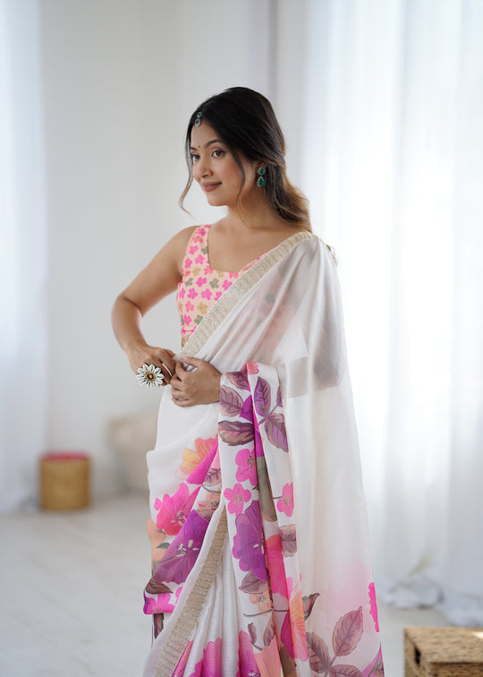 Multi Colour Sattin Chiffon With Hand Print Daimond And Cutdana Work Saree With Blouse Piece