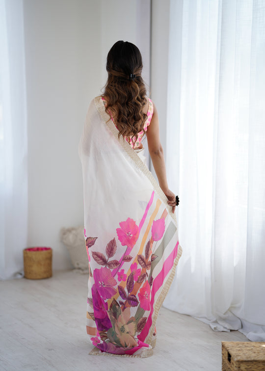 Multi Colour Sattin Chiffon With Hand Print Daimond And Cutdana Work Saree With Blouse Piece