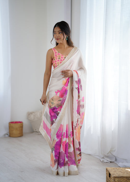 Multi Colour Sattin Chiffon With Hand Print Daimond And Cutdana Work Saree With Blouse Piece