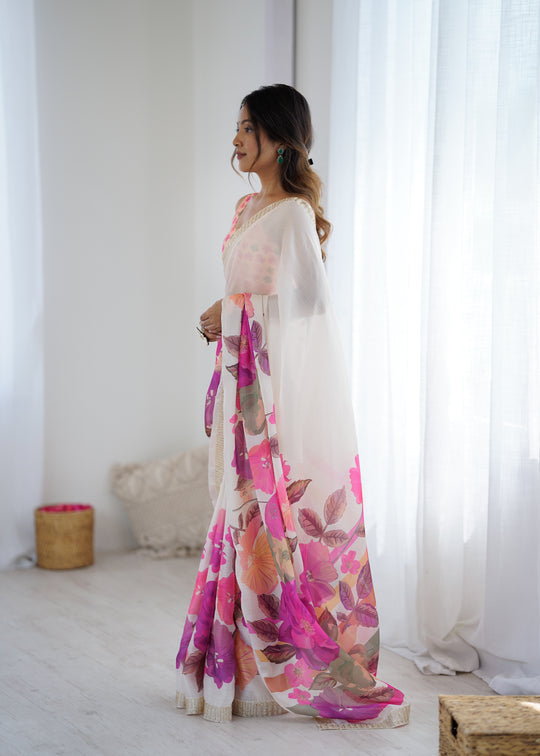 Multi Colour Sattin Chiffon With Hand Print Daimond And Cutdana Work Saree With Blouse Piece