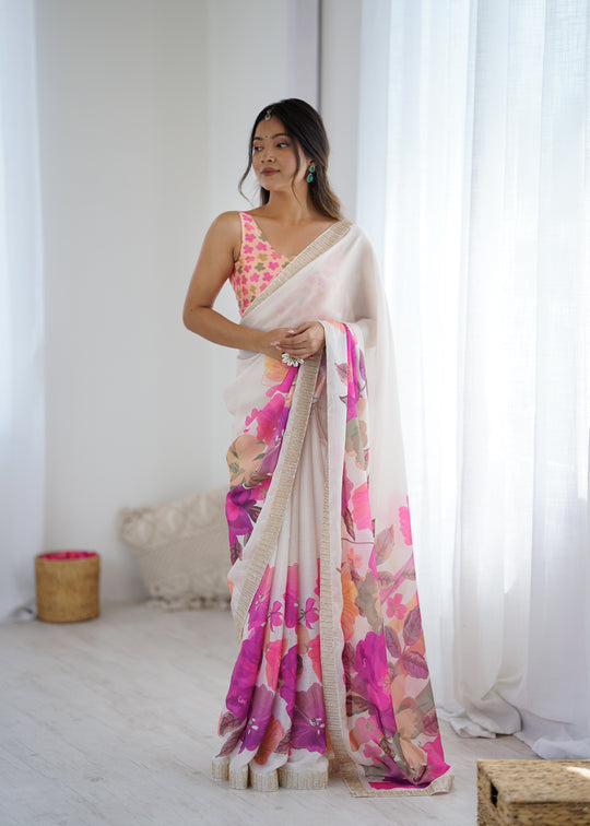Multi Colour Sattin Chiffon With Hand Print Daimond And Cutdana Work Saree With Blouse Piece