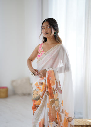 Multi Colour Sattin Chiffon With Hand Print Daimond And Cutdana Work Saree With Blouse Piece