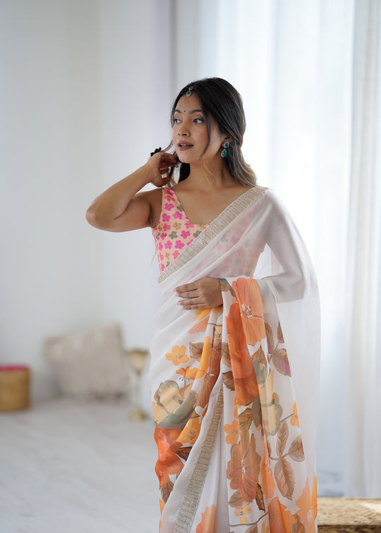 Multi Colour Sattin Chiffon With Hand Print Daimond And Cutdana Work Saree With Blouse Piece