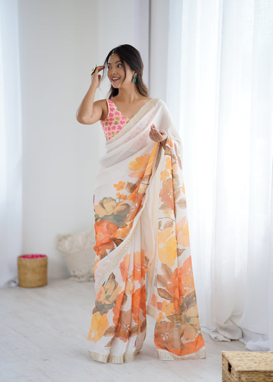 Multi Colour Sattin Chiffon With Hand Print Daimond And Cutdana Work Saree With Blouse Piece