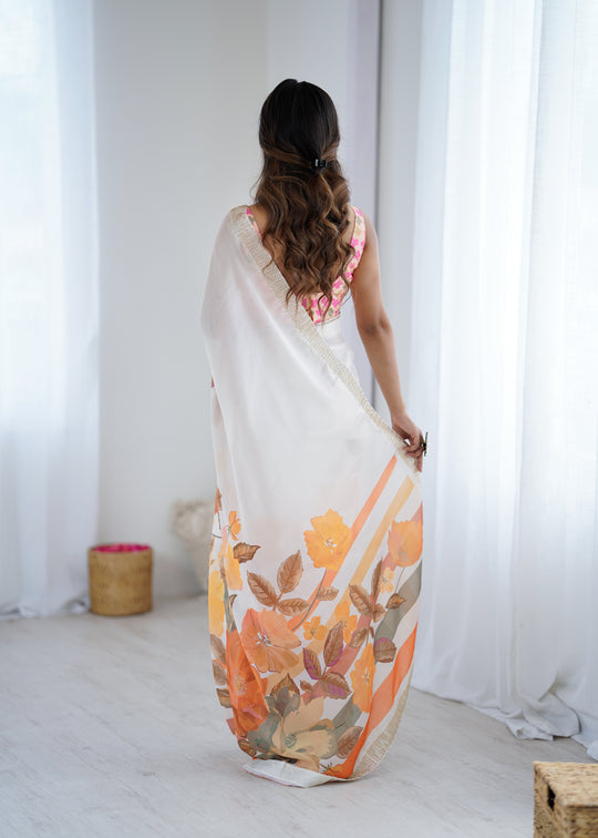 Multi Colour Sattin Chiffon With Hand Print Daimond And Cutdana Work Saree With Blouse Piece