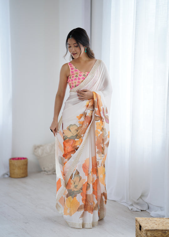 Multi Colour Sattin Chiffon With Hand Print Daimond And Cutdana Work Saree With Blouse Piece