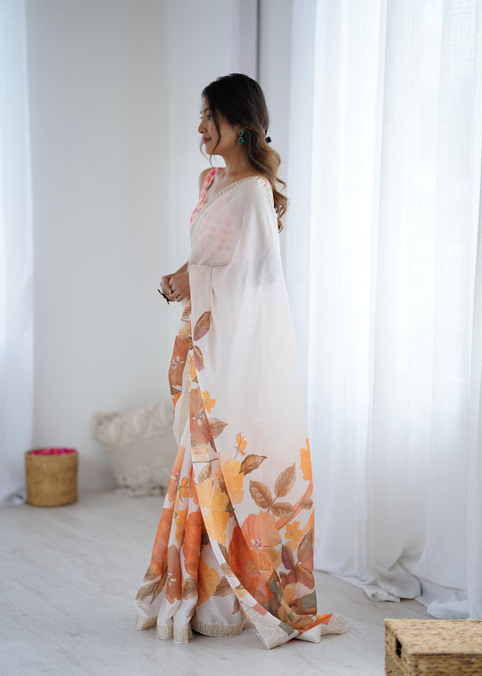 Multi Colour Sattin Chiffon With Hand Print Daimond And Cutdana Work Saree With Blouse Piece