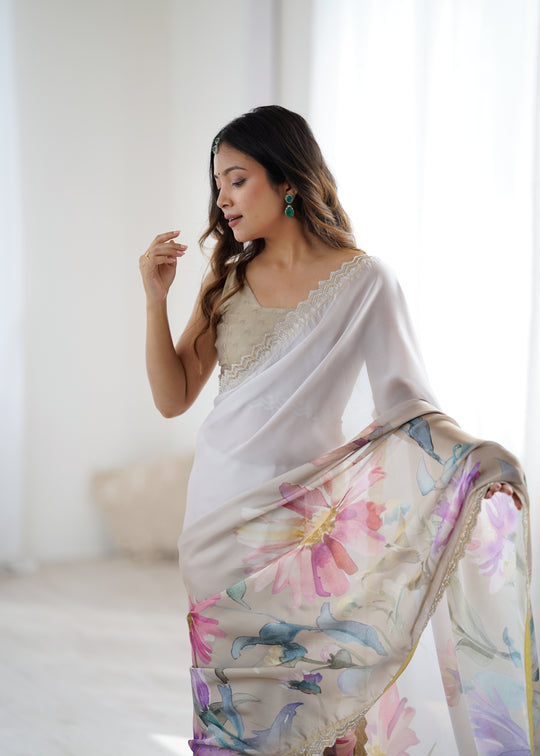 White Sattin Georgette With Hand Print Daimond And Cutdana Work Saree With Blouse Piece