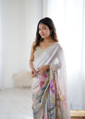 White Sattin Georgette With Hand Print Daimond And Cutdana Work Saree With Blouse Piece