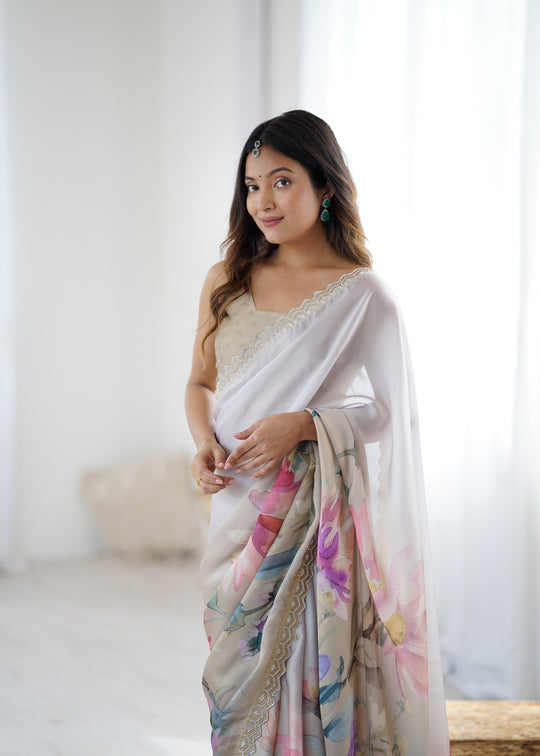 White Sattin Georgette With Hand Print Daimond And Cutdana Work Saree With Blouse Piece