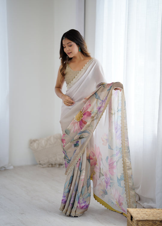 White Sattin Georgette With Hand Print Daimond And Cutdana Work Saree With Blouse Piece