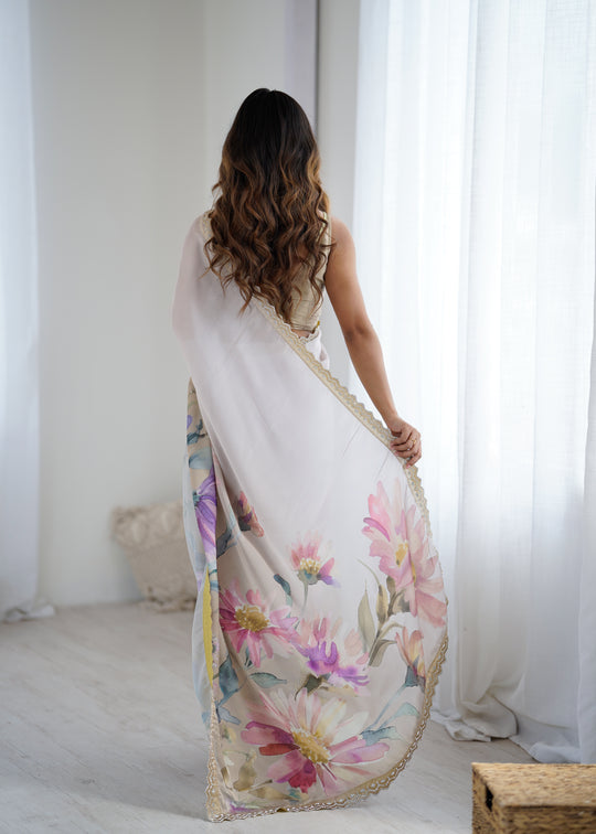 White Sattin Georgette With Hand Print Daimond And Cutdana Work Saree With Blouse Piece