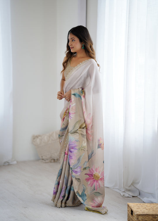 White Sattin Georgette With Hand Print Daimond And Cutdana Work Saree With Blouse Piece