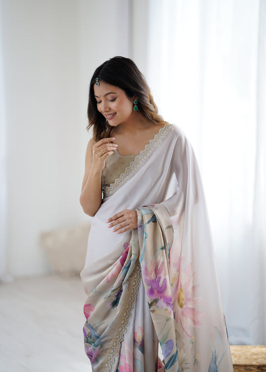 White Sattin Georgette With Hand Print Daimond And Cutdana Work Saree With Blouse Piece