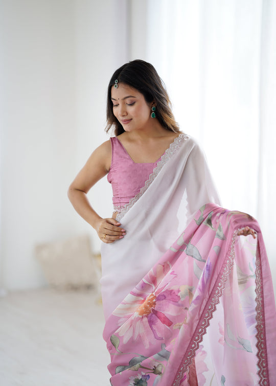Pink Sattin Georgette With Hand Print Daimond And Cutdana Work Saree With Blouse Piece