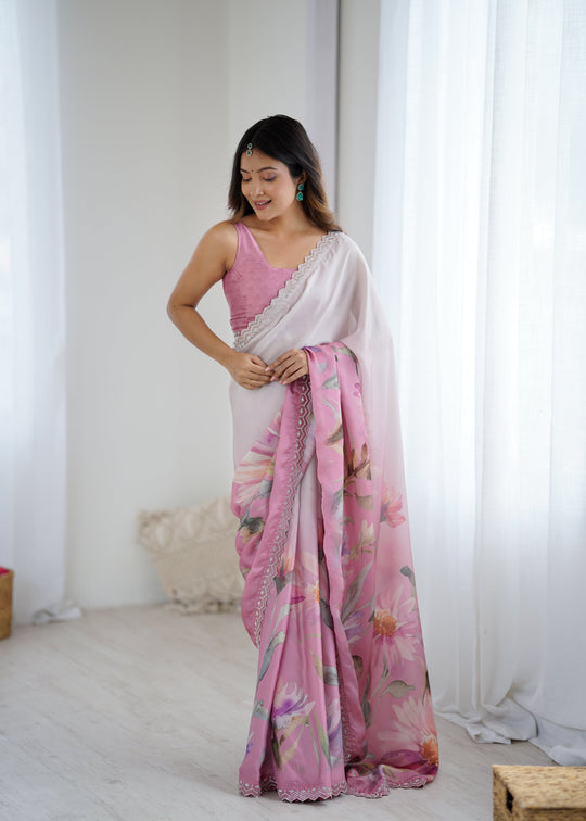 Pink Sattin Georgette With Hand Print Daimond And Cutdana Work Saree With Blouse Piece