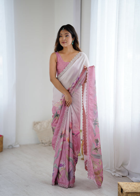 Pink Sattin Georgette With Hand Print Daimond And Cutdana Work Saree With Blouse Piece
