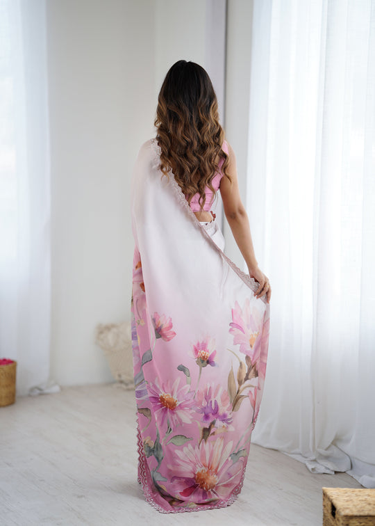 Pink Sattin Georgette With Hand Print Daimond And Cutdana Work Saree With Blouse Piece