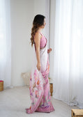 Pink Sattin Georgette With Hand Print Daimond And Cutdana Work Saree With Blouse Piece