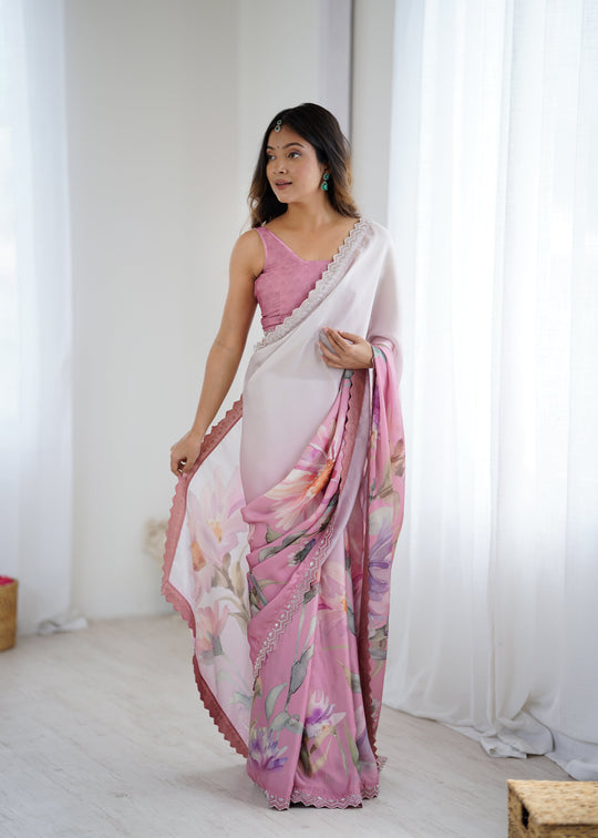 Pink Sattin Georgette With Hand Print Daimond And Cutdana Work Saree With Blouse Piece