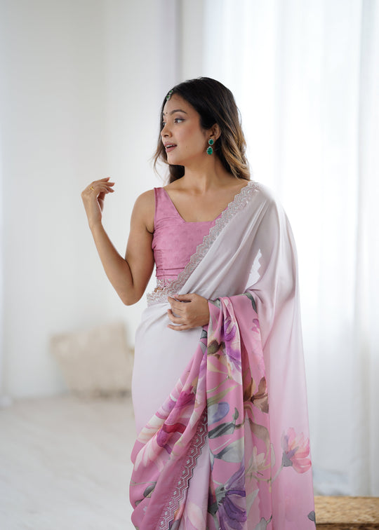 Pink Sattin Georgette With Hand Print Daimond And Cutdana Work Saree With Blouse Piece