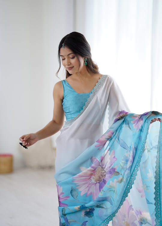 Sky Blue Sattin Georgette With Hand Print Daimond And Cutdana Work Saree With Blouse Piece