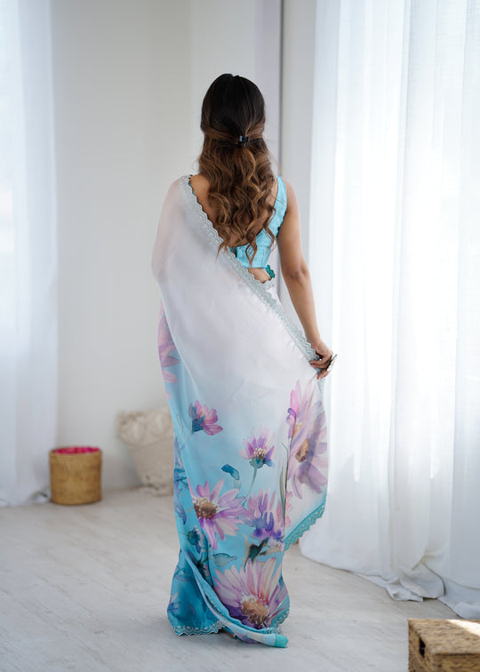 Sky Blue Sattin Georgette With Hand Print Daimond And Cutdana Work Saree With Blouse Piece