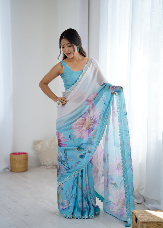 Sky Blue Sattin Georgette With Hand Print Daimond And Cutdana Work Saree With Blouse Piece