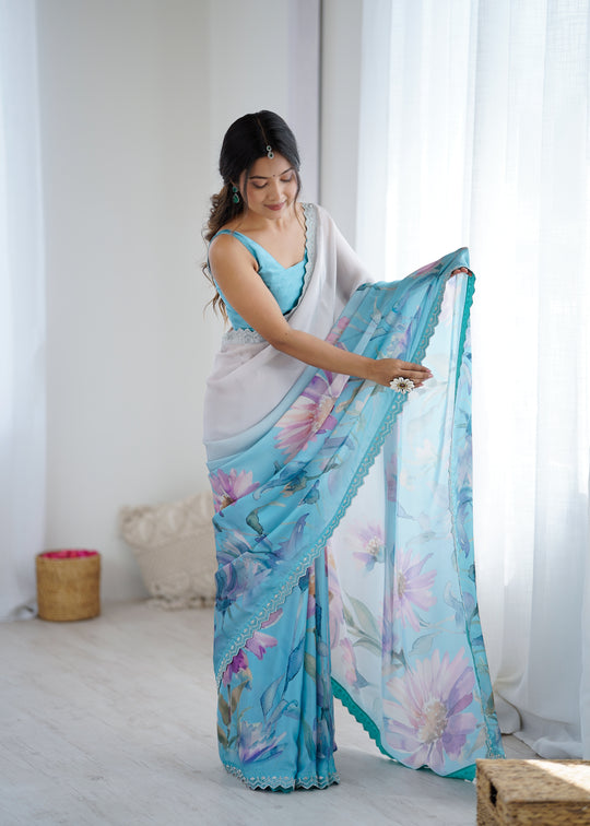 Sky Blue Sattin Georgette With Hand Print Daimond And Cutdana Work Saree With Blouse Piece