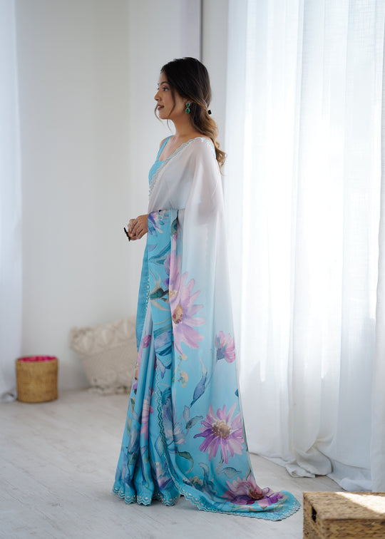 Sky Blue Sattin Georgette With Hand Print Daimond And Cutdana Work Saree With Blouse Piece