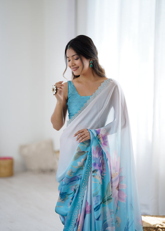 Sky Blue Sattin Georgette With Hand Print Daimond And Cutdana Work Saree With Blouse Piece