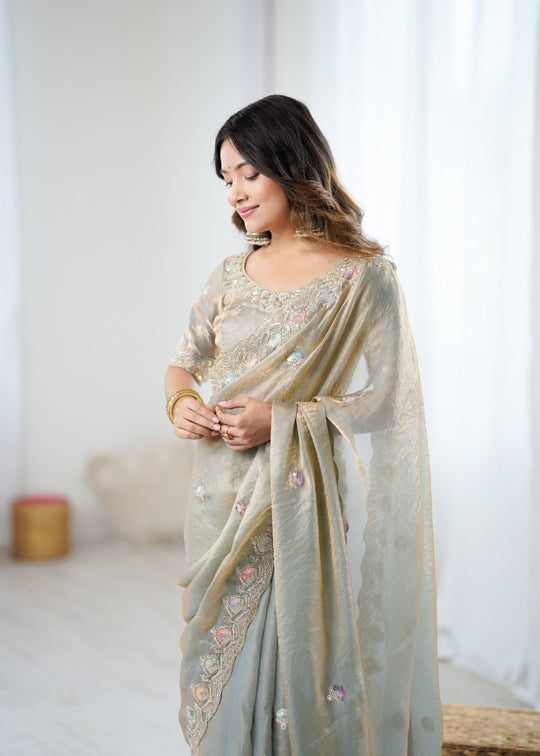 Fandy Satin Two Ton Chording Sequins And Embroidered Thread Work With Blouse Piece