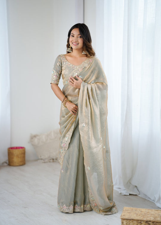 Fandy Satin Two Ton Chording Sequins And Embroidered Thread Work With Blouse Piece