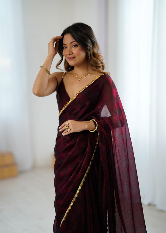 NC Chiffon Chex Cot dana Border Lace Embroidered Work With Blouse Piece