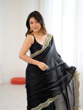 Black Fandy Satin Two Tone Sequins And Zari Work Saree With Blouse Piece