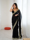 Black Fandy Satin Two Tone Sequins And Zari Work Saree With Blouse Piece