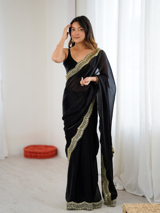 Black Fandy Satin Two Tone Sequins And Zari Work Saree With Blouse Piece